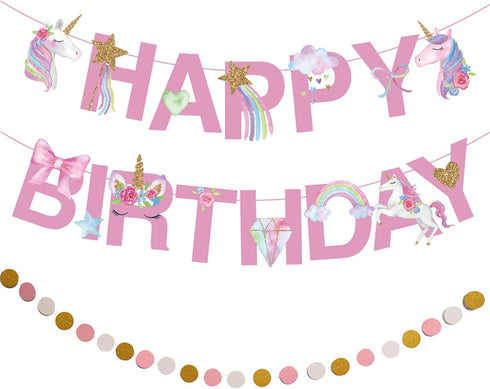 Unicorn Birthday Banner, Rainbow Unicorn Bunting, Pre-Assembled Party Decorations and Supplies