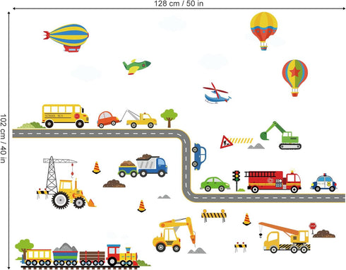 decalmile Construction Transportation Wall Decals, Kids Bedroom Wall Stickers for Baby Nursery Playroom Decor