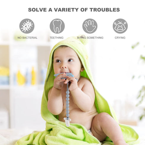 Baby Teething Toys for 3-12 Months, Dinosaur Teether Pain Relief Toy with Pacifier Clip Holder Set, Freezer Safe (Grey)
