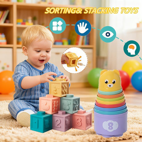 Etyat 6-12 1 0-3, Set Baby Toys Months, Montessori Toys for Year Old, Silicone Pull String Teether Toy, Stacking