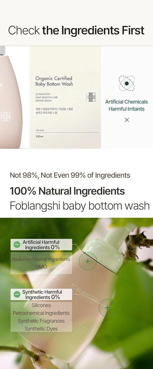 Foblangshi 100% No.1 Natural Ingredients, Premium Organic Baby Bottom Wash, Probiotics Lacto Diaper Baby Wash, pH