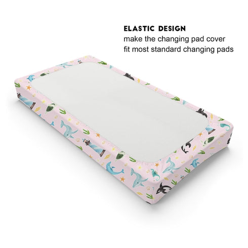 Colorful Sea Animals Changing Pad Covers, Fitted Baby Changing Table Sheets with Ocean Whale, Dolphin, Turtle, 32''x16''