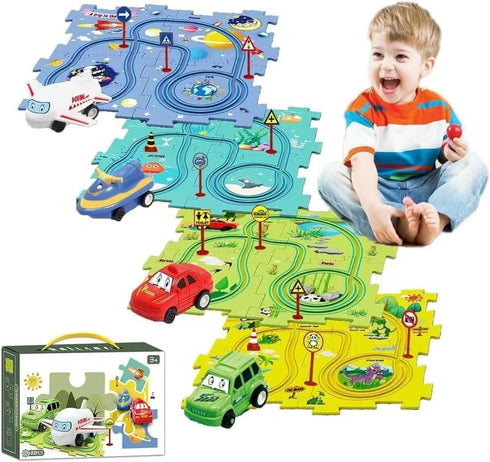 RAESOUL Christmas Stocking Stuffer 4 Sets 4in1 Puzzle Racer Kids Car Track Set,4