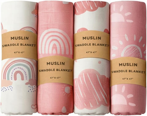 REZIPO 4 Pack 70% 30% 47 47 Inches Baby Girl Muslin Swaddle Blankets Bamboo Cotton Pink Breathable Receiving Blankets
