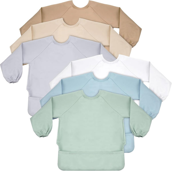 Jeyiour 6 Pack Long Sleeve Baby Bibs Mess Proof Bib Washable Feeding