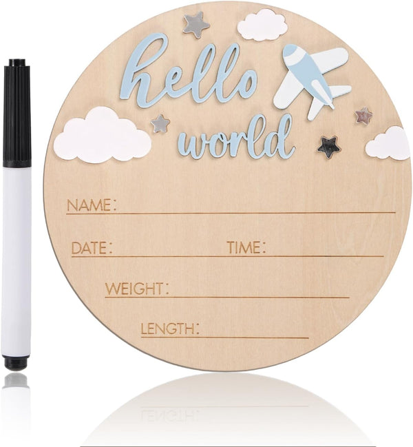 Penitue Hello World Newborn Sign, 5.9in Round Basswood Newborn Welcome Signs with Writing
