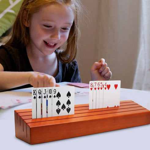 Set 2 13.8 inch* 3.1 Inch Exqline Wooden Playing Card Holder of Solid Card Tray Rack Organizer for Kids Seniors Adults
