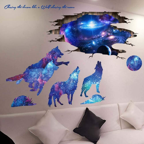3D Blue Starry Sky Wolf Moon Wall Decals, Removable PVC Magic 3D Milky Way Outer Space Planet Wall Sticker