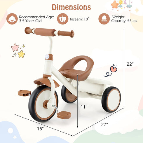 3 3-5 HONEY JOY Tricycle, Kids Trike Wheel Bike with Adjustable Seat, Removable Storage Basket, Tricycle for Years Old