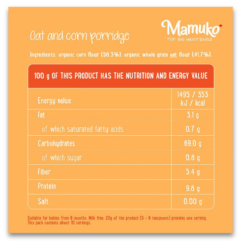 MAMUKO (200g 10 Organic Oat & Corn Grits Porridge - High Fiber Porridge with No Added Sugar, Milk & Preservatives