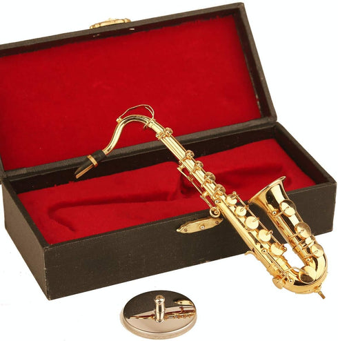 Dselvgvu 6.22"x3.07"x1.12") Miniature Saxophone with Stand and Case Brass Mini Musical Instrument Replica Collectible