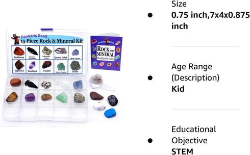 DANCING BEAR 15 Pc Rock & Mineral Collection, Beginner Starter Set for Kids' Gemstone Education