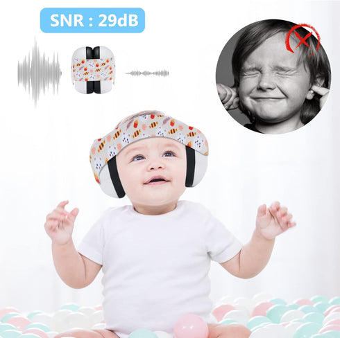Infant Noise Cancelling Ear Protection Muffs, Adjustable Elastic Headband for Toddler Hearing (Bear, White)