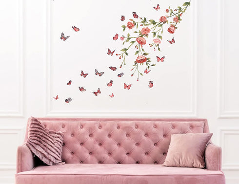 Cute Peony Flower Wall Decals, Pink Rose Floral Stickers, Removable Peel and Stick for Kids Room, Living Room Decor