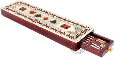 3 Track Continuous Cribbage Board in Maple Wood/Bloodwood - 12.5 Inch Size with Inlaid Card Symbols and Storage Drawer