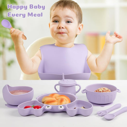 mraisebossup Set 15 Setpurple Silicone Baby Feeding PcsBaby Spoons Suction Bowl Divided Plate Bib Cup Finger Brush