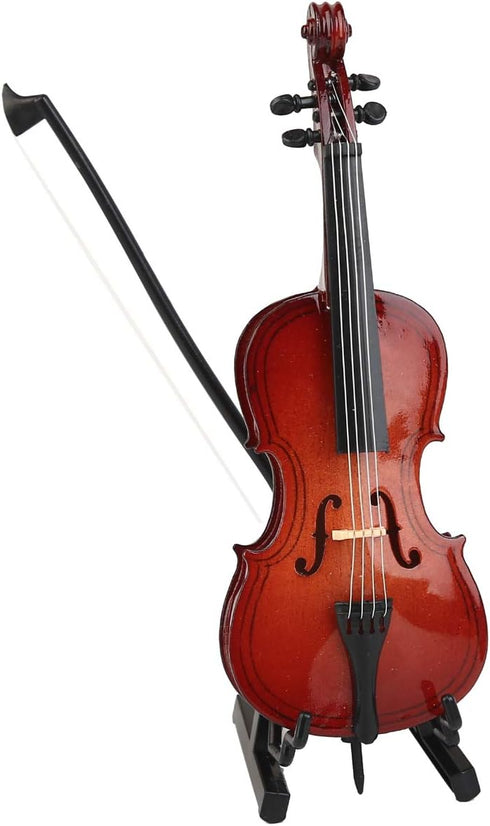 Dselvgvu Wooden Miniature Cello with Stand, Bow & Case - Mini Musical Instrument Dollhouse Model Decoration