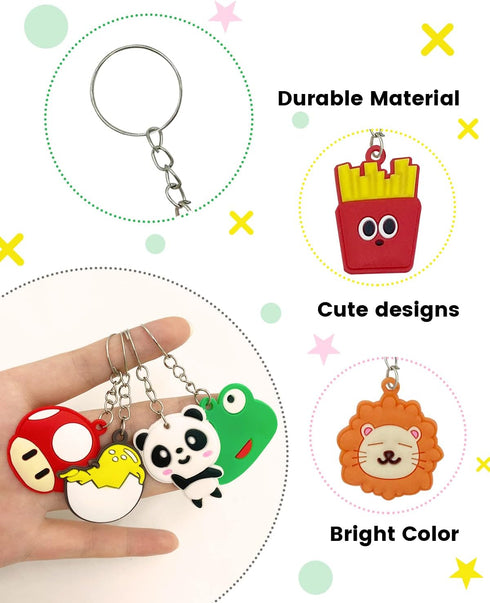 100pcs Cartoon Keychain for Kids Party Favors, Mini Cute Keyring for Classroom Prizes, 20 Colors