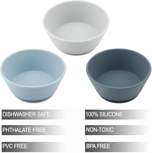 PandaEar 3 Pack Baby Suction Bowls|Silicone Food Bowls First Stage Feeding for Baby Toddler Infant Kids| Food Grade Soft Safe BPA-Free Silicone Toddler Bowls -Blue/Gray by PandaEar