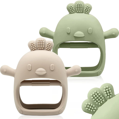 2 Packs Baby Teething Toy: Food Grade Silicone Teething Mitten for 0-6 & 6-12 Months, BPA Free (Green & Caramel)