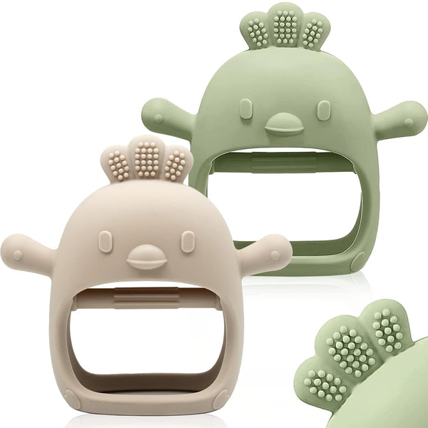 2 Packs Baby Teething Toy: Food Grade Silicone Teething Mitten for 0-6 & 6-12 Months, BPA Free (Green & Caramel)