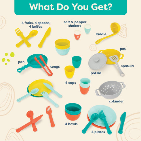 B. toys – Play Kitchen Accessories, 33-Piece Cookware, Dishes, Utensils Set for Kids, Pretend Play Toys