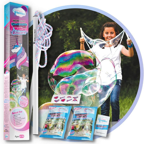 WOWMAZING Giant Bubble Kit: Unicorn - Includes Wand, 2 Big Bubble Concentrate Pouches, Outdoor Toy