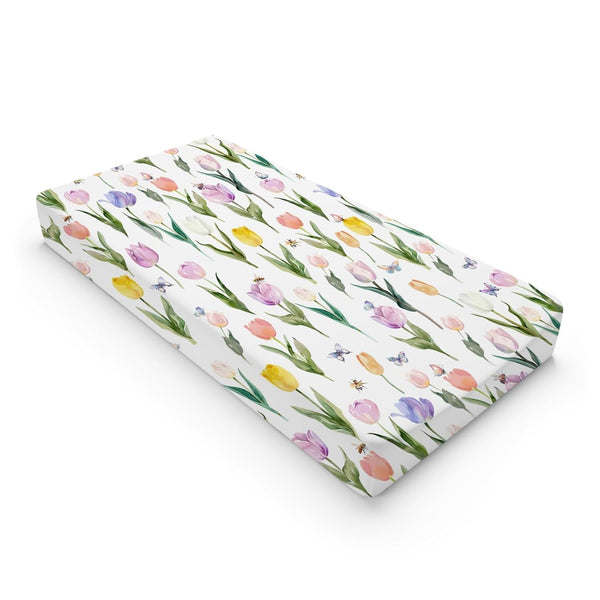 Watercolor Tulips Bees Butterflies Changing Pad Covers, Boho Spring Floral Sheets for Baby Girl, 32''x16''