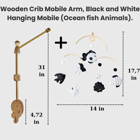 High-Contrast Black & White Fish Montessori Baby Mobile for Crib, Adjustable Wooden Arm Holder, Easy Clip-On Nursery