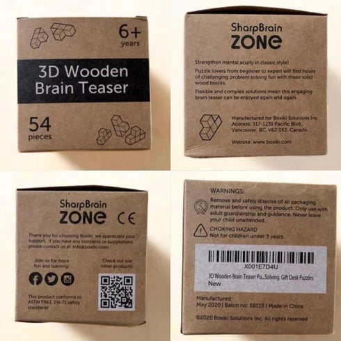 Original 3D Wooden Brain Teaser Puzzle, Engaging 3D Puzzle Box for Kids 8-12 & Adults, Brown