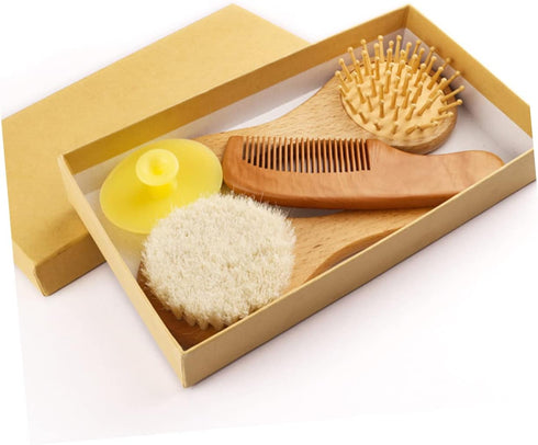Set HANABASS Newborn Baby Hair Brush Wool Brush Wooden Comb Silicone Scrubber for Gentle Grooming