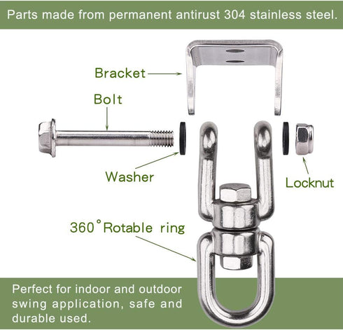Heavy Duty 360° Swivel Swing Hanger, Stainless Steel Hammock Hook for Ceiling, Porch Swing, Gym, 1000 lb Capacity