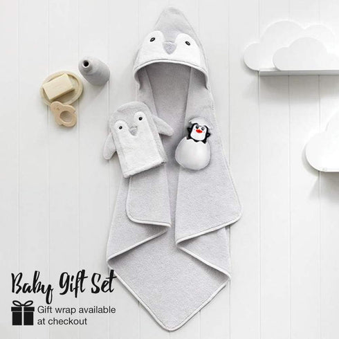 Happy & Sweet Set Baby Gift - Bamboo Viscose Hooded Penguin Bath Towel, Mitt Washcloth, and Squirt Bath Toy for Boys