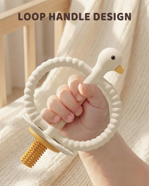 3-12 ChooKaChoo Baby Teether Toy and Training Toothbrush, Duck Silicone Teething Toys for Babies Months, Double Ring