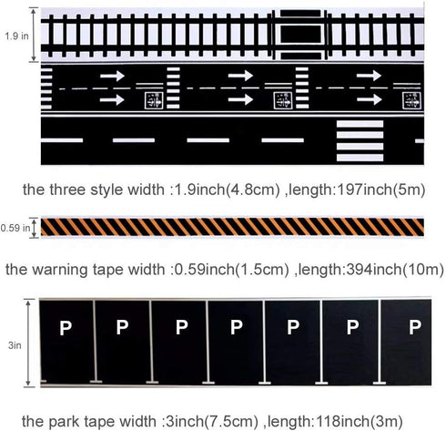 Play Road Tape for Toy Cars & Trains, Black Tape, 3 Rolls, 197 inch by 1.9 inch, Traffic Signs