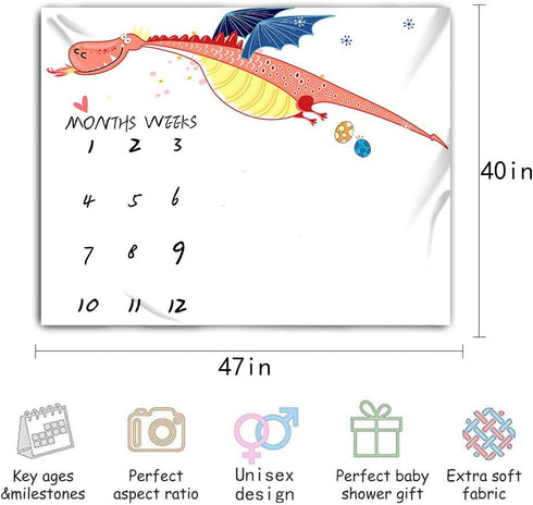 Dinosaur Fire Dragon Baby Monthly Blanket for Newborn, 48x40in, Unisex Baby Blanket, Baby Growth Chart Blanket BTXYME11 by MTMETY