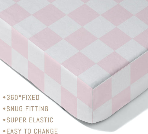 Selgkds 52''x28'' Pink and White Checkered Baby Crib Sheets for Girls Gingham Plaid Checkerboard Soft Snug Fitted Crib