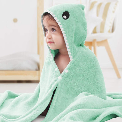 ROMASA Toddler Hooded Bath Towel, Ultra Soft Highly Absorbent Bathrobe Blanket for Boys Girls (Green Shark-Shape)