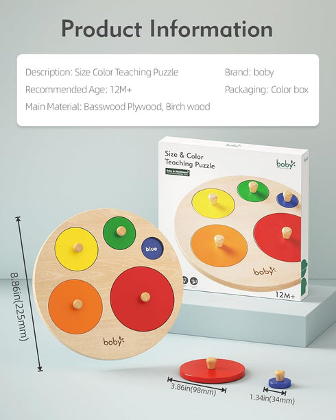 Boby Montessori Multiple Circle Puzzle Board, Wooden Knob Puzzle, Geometric Shape Sorter for Toddlers
