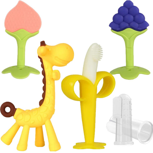 Baby Teething Toys 3-6 Months - Silicone Teether Freezer BPA Free, Giraffe and Banana Finger Toothbrush for Infants