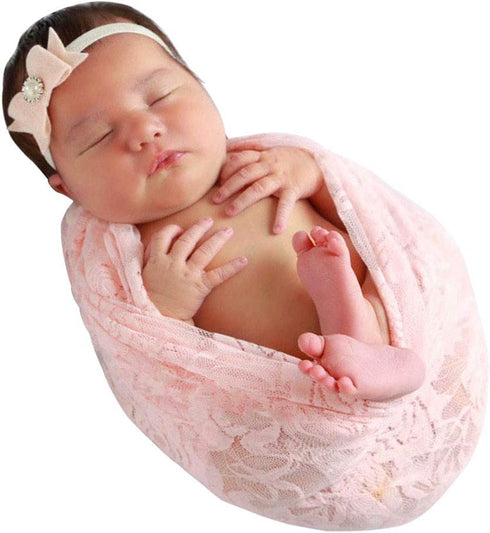 Newborn Baby Lace Wrap Blanket and 2 pcs Beads Headband.Baby Photography Props (T1) (Pink) by LDDCX