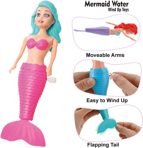Mermaid Bath Toys for Toddlers Kids Girls - Princess Wind Up Tail Flap Floating Water Bathtub Toys, 6 Pack for Swimming