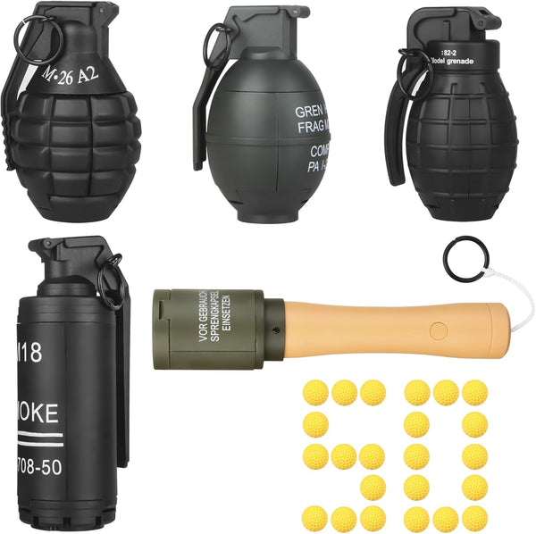 5 Pack Toy-Hand Grenade for CS Battle Game, 50 Foam Ammo Tactical CS-Grenade Fun Impact Pull Ring Toys for Outdoor