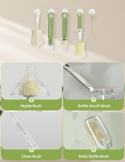 BOVELLA Set-Travel Box-6 1 Baby Bottle Brush Bottle Cleaner Kit with Silicone Brush,Drying Rack,Nipple Brush,Straw