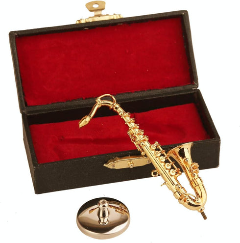 Dselvgvu 3.16"x1.69"x0.63") Miniature Saxophone with Stand and Case Brass Mini Musical Instrument Replica Collectible