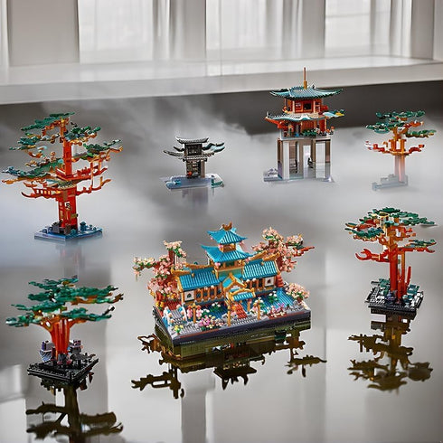 Sets Set 14+ 2350 JXRLMB Chinese Classical Suzhou Gardens Micro Building Blocks with Sakura Cherry Tree Challenging