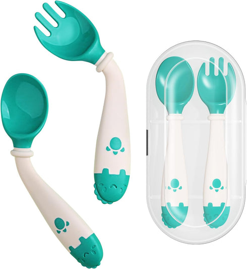 Deejoy Toddler Utensils with Travel Case, Silicone Bendable Handle Baby Spoons and Forks Set for Self Feeding, Green