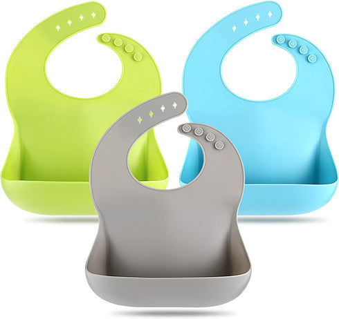 Silicone Bibs for Babies Toddler Set of 3, BPA Free, Soft Adjustable Waterproof Feeding Essentials