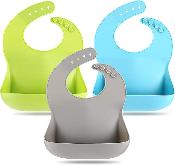 Silicone Bibs for Babies Toddler Set of 3, BPA Free, Soft Adjustable Waterproof Feeding Essentials