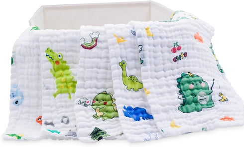 PENG'S M 5 Pack 100% 20x10 Inches Baby Muslin Burp Cloths Dinosaur Burping Rags Super Soft Face Towel Organic Cotton